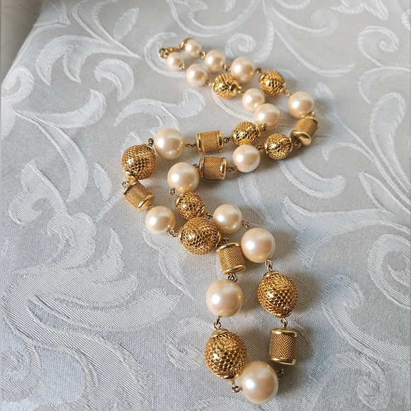 Monet Faux Pearl and Gold Tone Mesh Bead Necklace - Picture 4 of 5